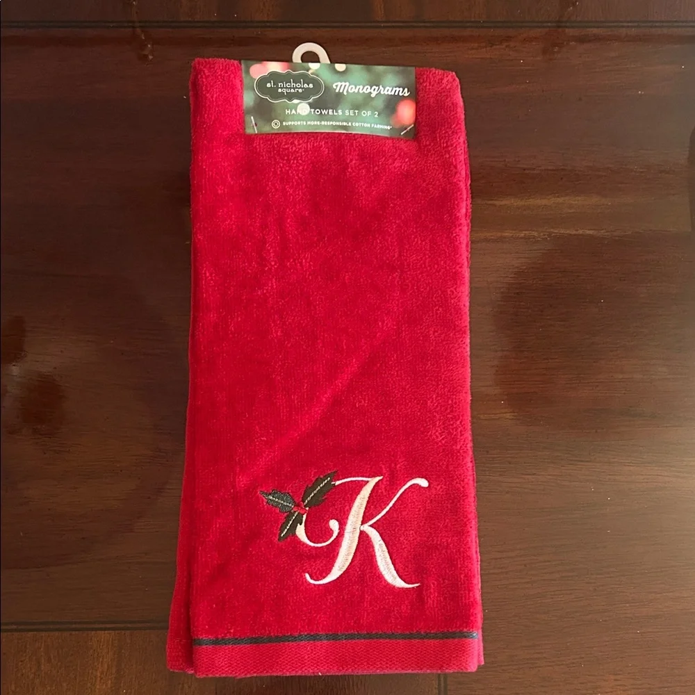 Red Monogrammed Hand Towel Set, Letter ‘K’ with Holly Accent, New with Tags